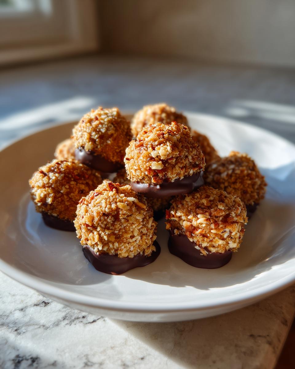 A stack of homemade pecan pie balls coated in chopped nuts and dipped in dark chocolate, served on a white plate.