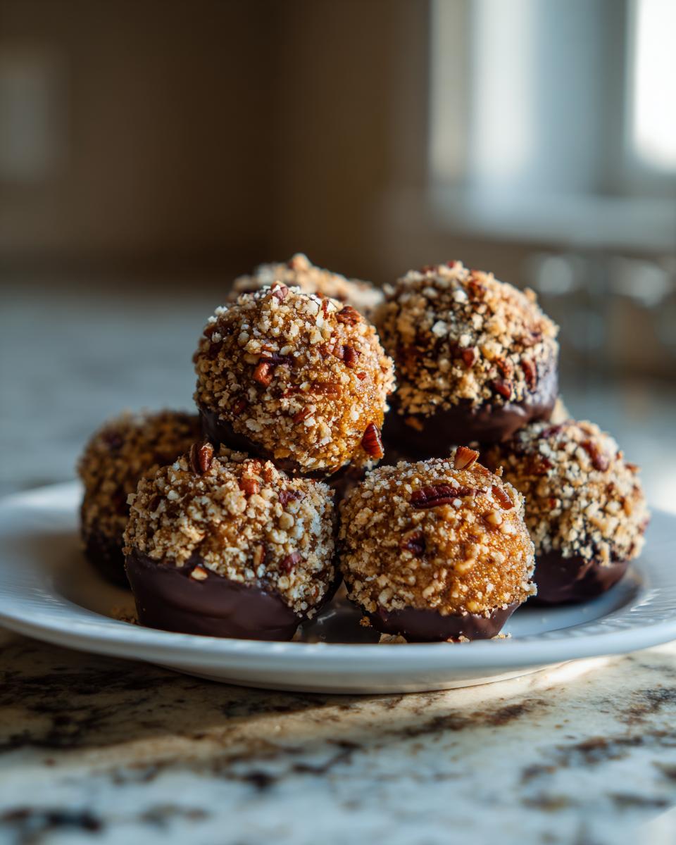 A stack of rich pecan pie balls, dipped in chocolate and rolled in chopped pecans.