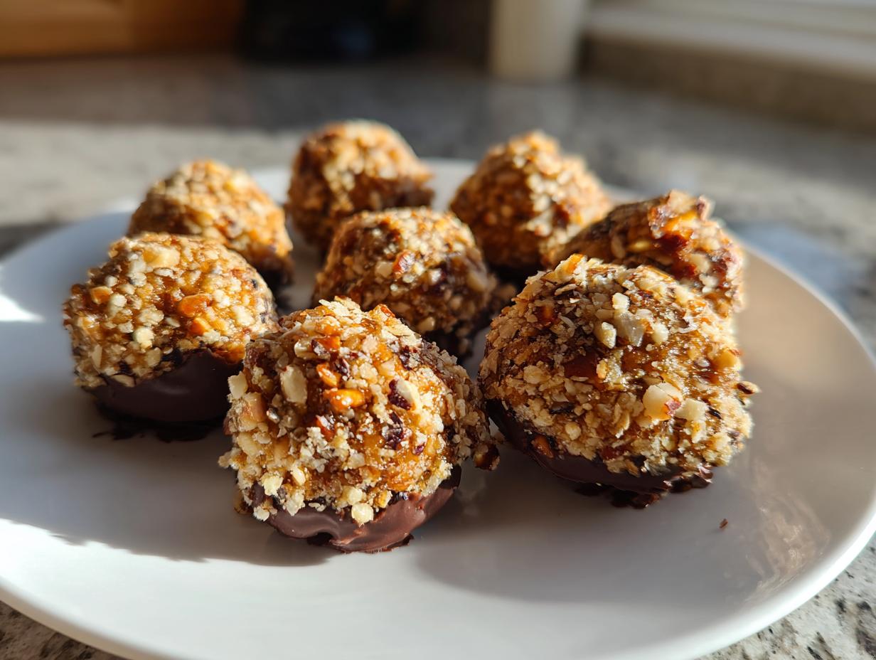 A plate of homemade pecan pie balls coated in chopped nuts and partially dipped in dark chocolate.
