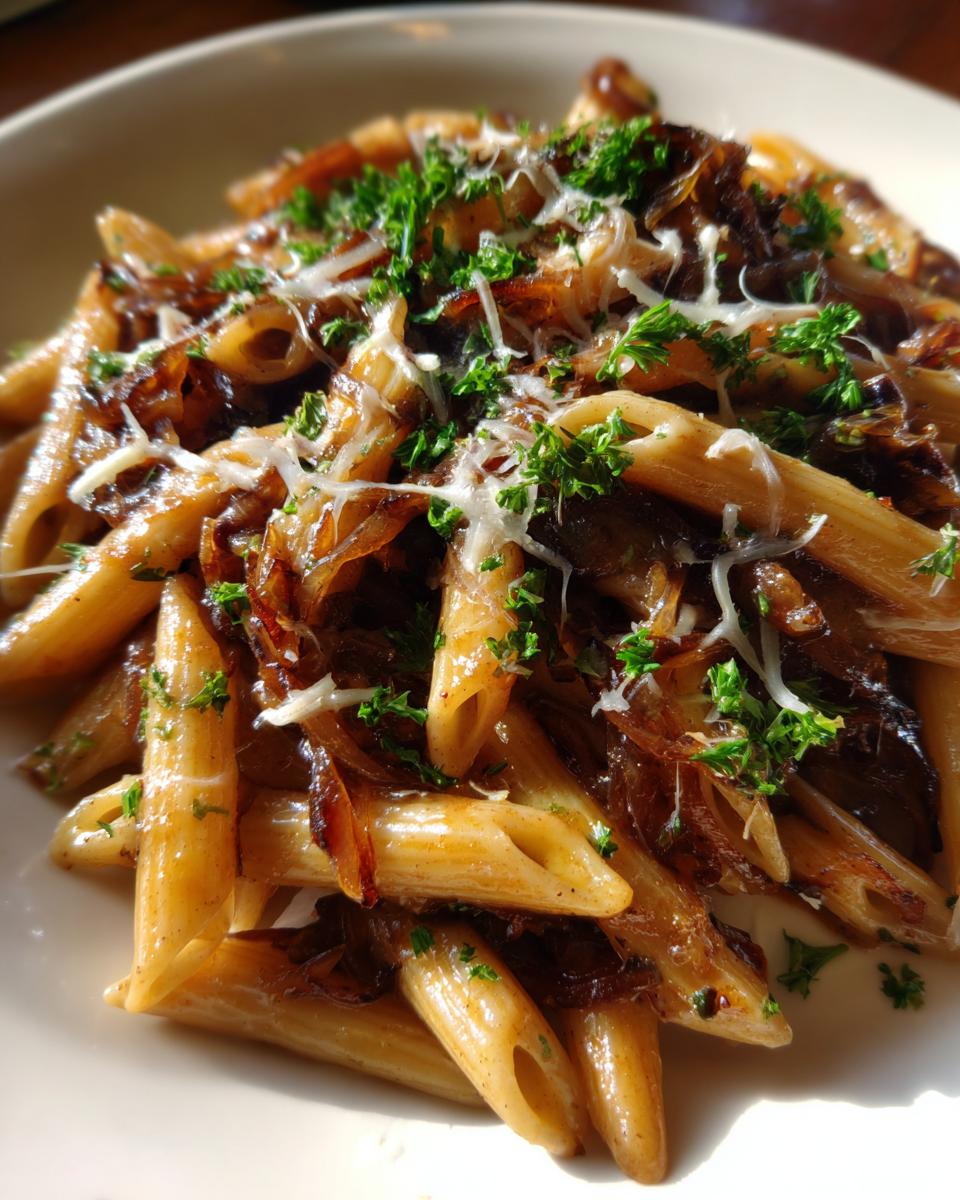 A close-up shot of penne french onion pasta topped with caramelized onions, grated cheese, and fresh parsley.
