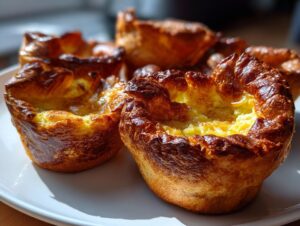 Close-up of several golden brown, perfectly risen Yorkshire puddings sitting on a white plate.