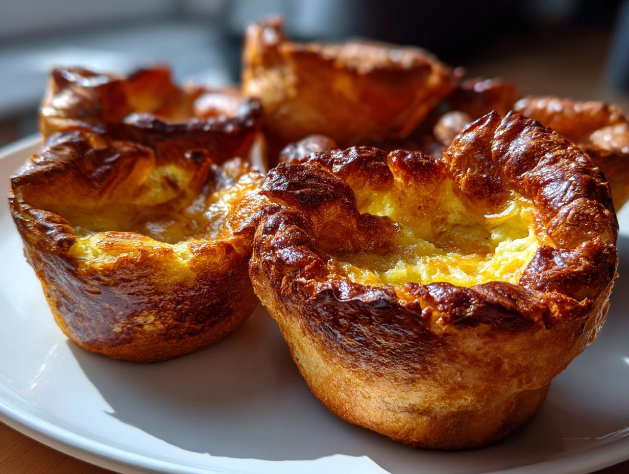 Close-up of several golden brown, perfectly risen Yorkshire puddings sitting on a white plate.