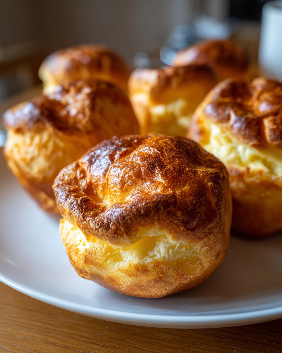 Close-up of several golden brown, tall Yorkshire pudding items served on a white plate.