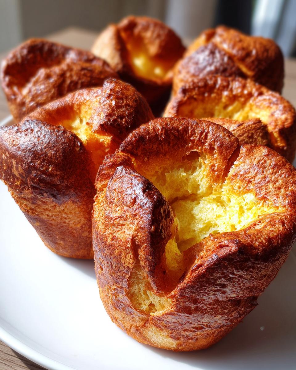 Close-up of several golden brown, fully risen Yorkshire pudding specimens with deep wells, sitting on a white plate.