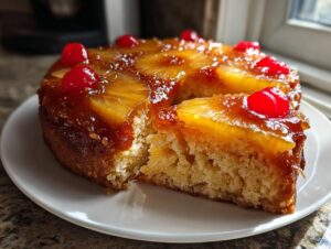 A slice removed from a golden pineapple upside down cake topped with caramelized pineapple rings and maraschino cherries.