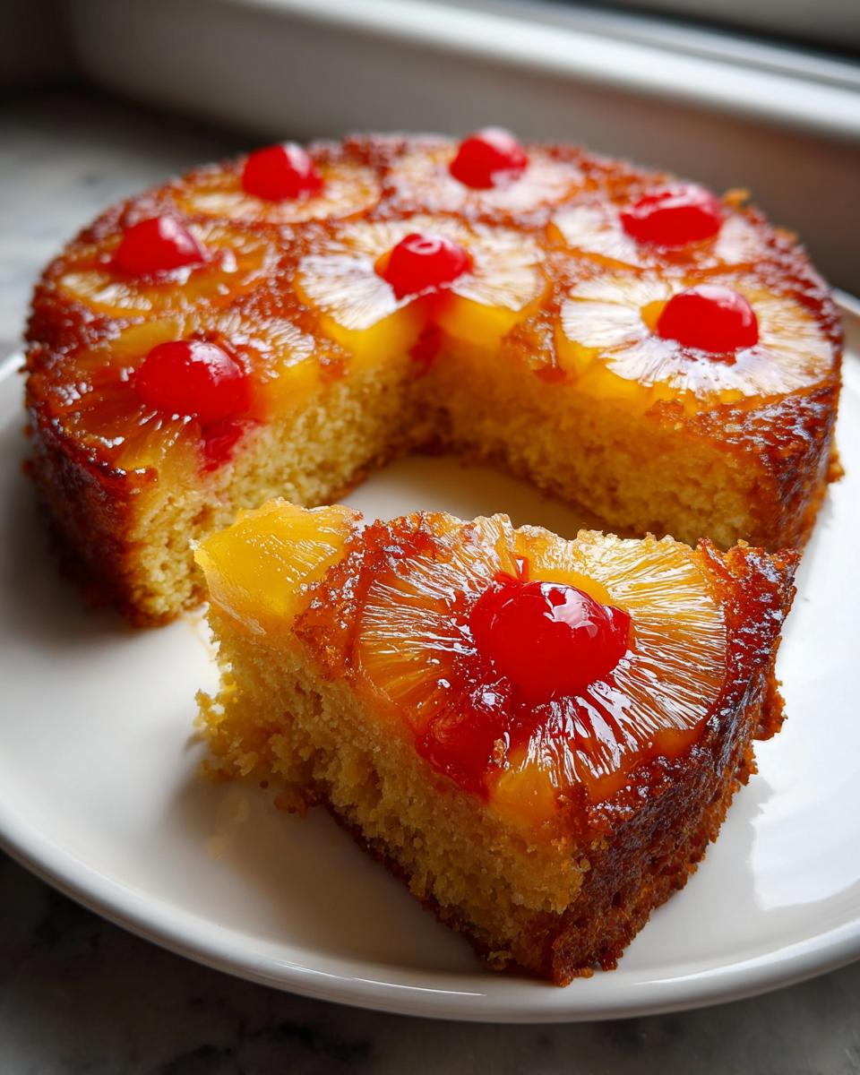 A slice of moist pineapple upside down cake topped with caramelized pineapple rings and maraschino cherries.