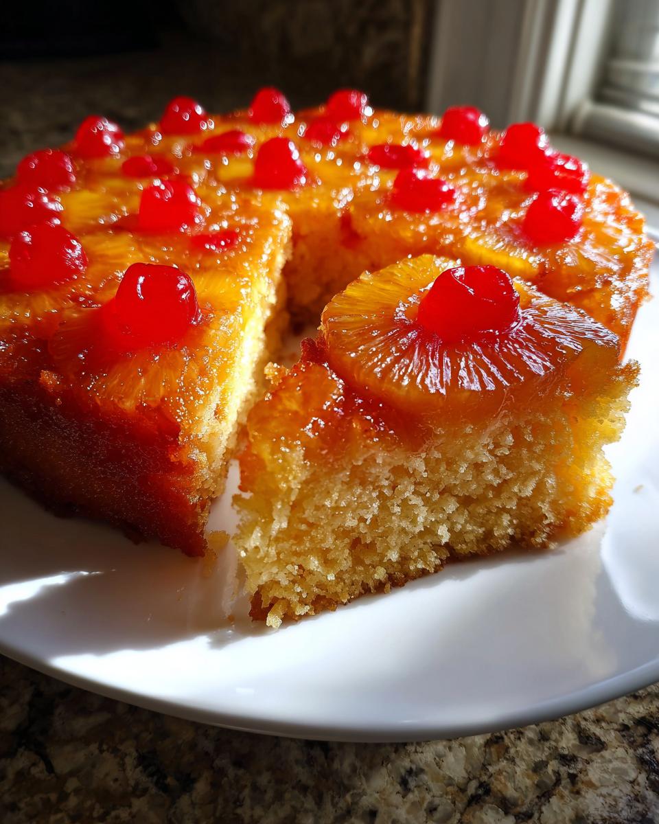 A slice of moist pineapple upside down cake topped with caramelized pineapple rings and bright red maraschino cherries.