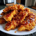 A close-up of crispy hot honey chicken tenders piled high on a white plate, glistening with sweet and spicy glaze.