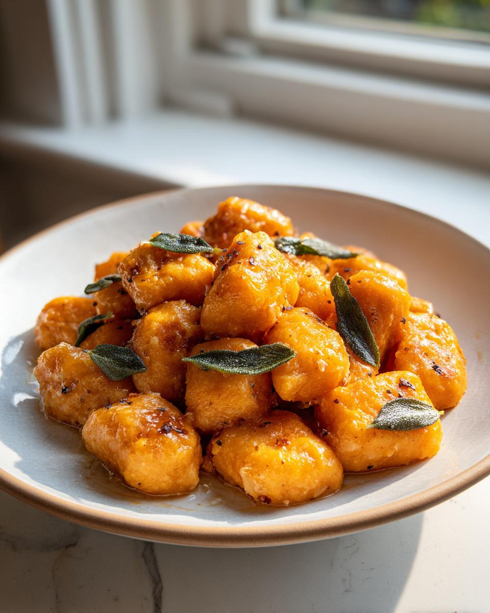 A close-up of fluffy, orange sweet potato gnocchi tossed in brown butter and garnished with fresh sage leaves.