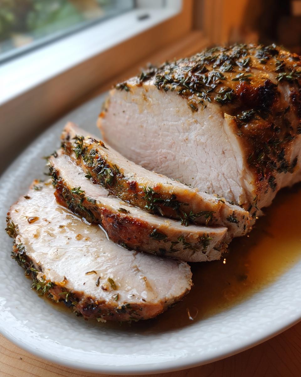A beautifully roasted and sliced pork loin roast, crusted with herbs and resting in its juices.