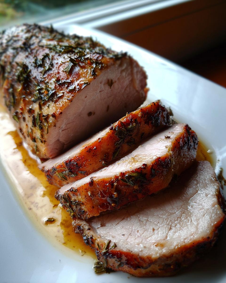 Close-up of a perfectly cooked pork loin roast, sliced to show the juicy interior and herb crust.