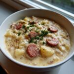 A close-up of a hearty bowl of potato and sausage chowder, topped with sliced sausage and fresh parsley.