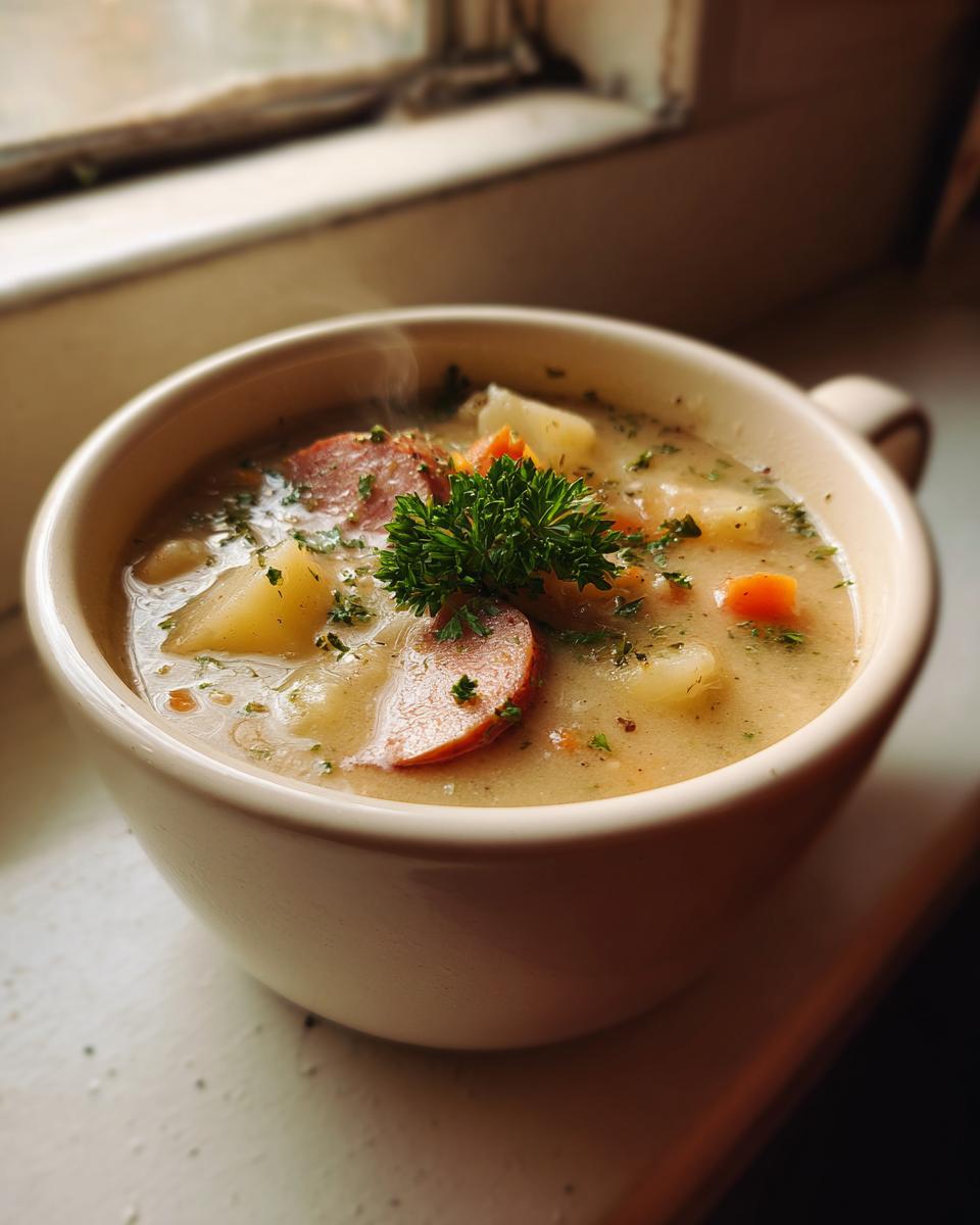 Close-up of a steaming bowl of potato and sausage chowder garnished with parsley on a windowsill.