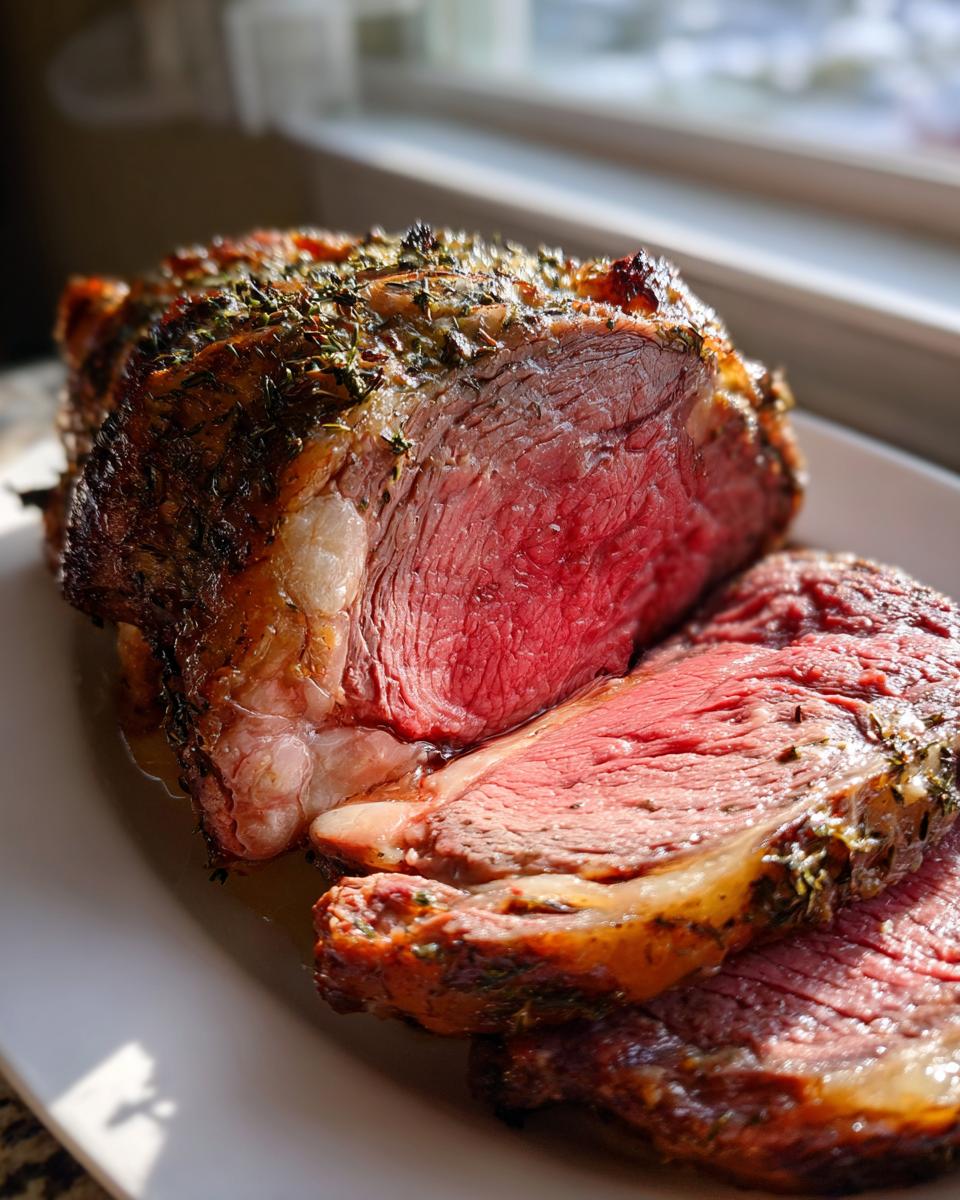 Close-up of a beautifully roasted prime rib recipe, showing a medium-rare pink center and herb crust.