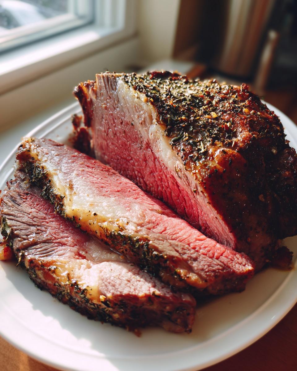 Close-up of a juicy prime rib recipe roast, sliced to show a perfect medium-rare center and herb crust.