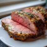 Close-up of two thick slices of medium-rare prime rib recipe with a thick, herb-crusted exterior.
