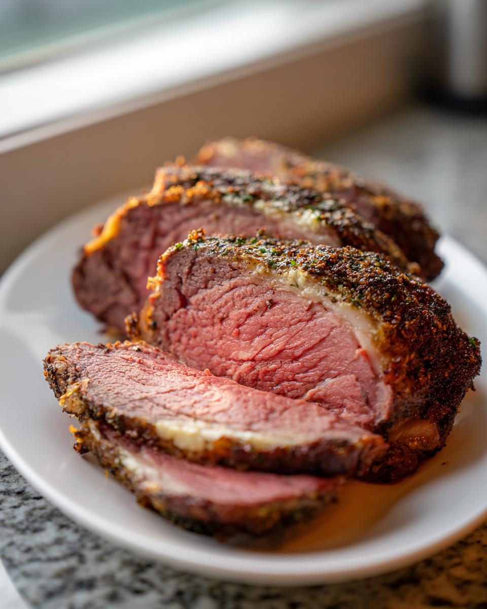 Close-up of medium-rare prime rib recipe slices on a white plate, showing a seasoned crust.