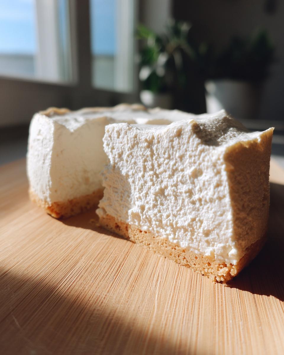 A thick slice of creamy white Protein Cheesecake with a graham cracker crust sits on a wooden cutting board.