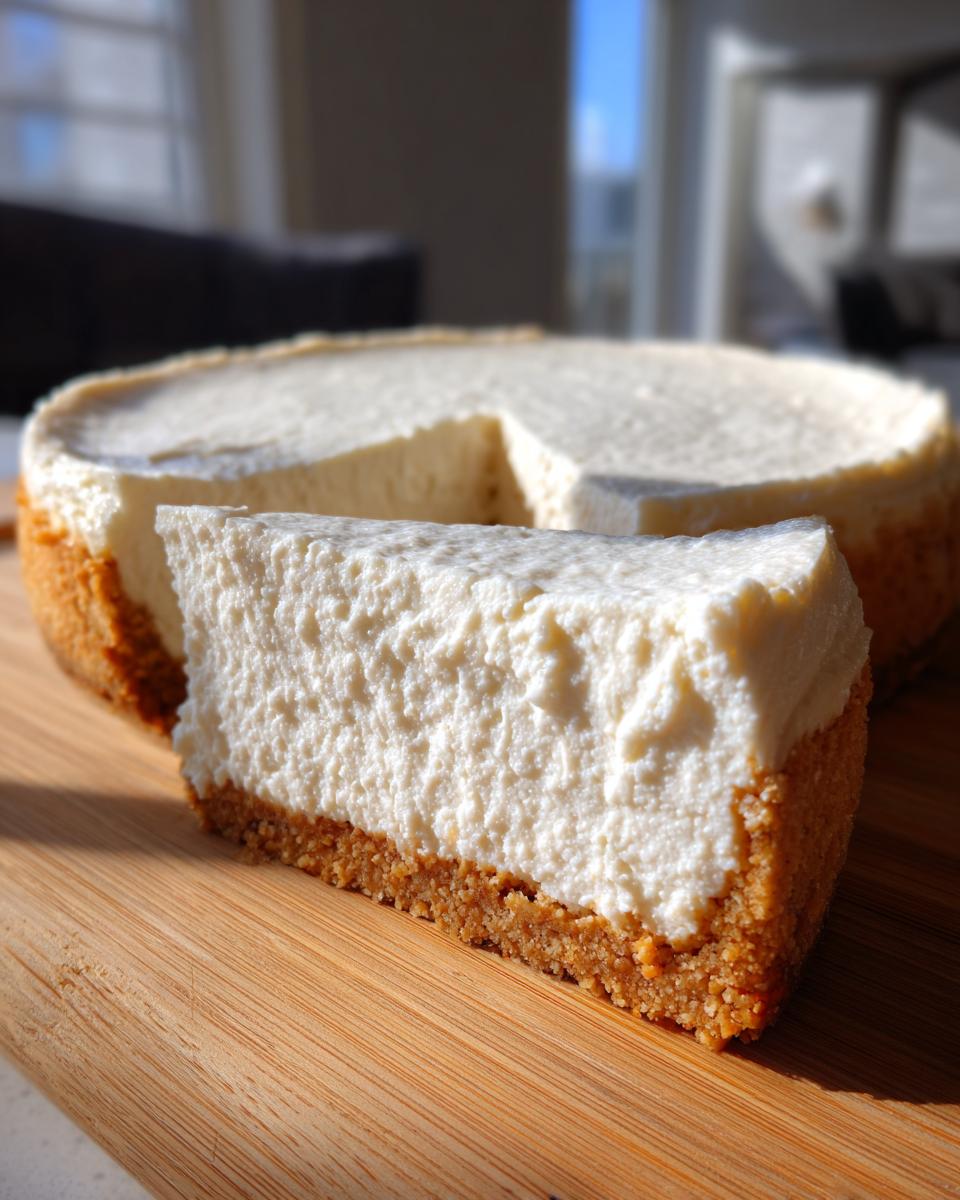 A thick slice of creamy white Protein Cheesecake with a graham cracker crust resting on a wooden board.