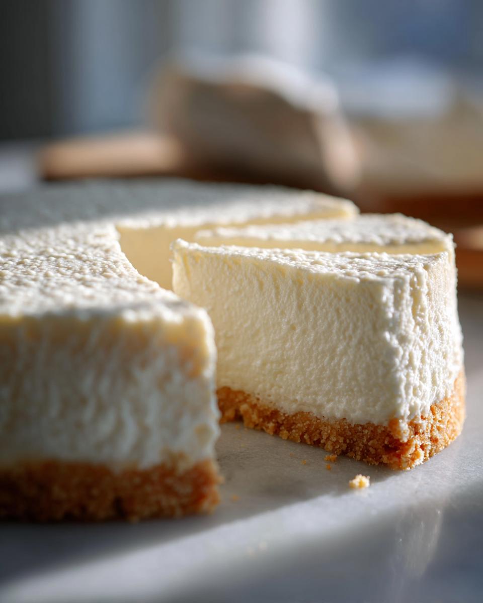 Close-up of a creamy, white Protein Cheesecake slice showing the thick graham cracker crust base.