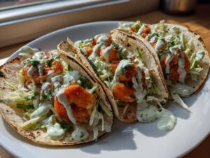 Four perfectly assembled shrimp taco on soft tortillas, topped with slaw and creamy green sauce.