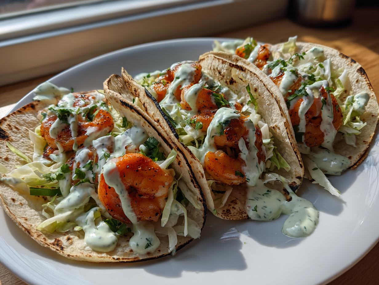 Four perfectly assembled shrimp taco on soft tortillas, topped with slaw and creamy green sauce.