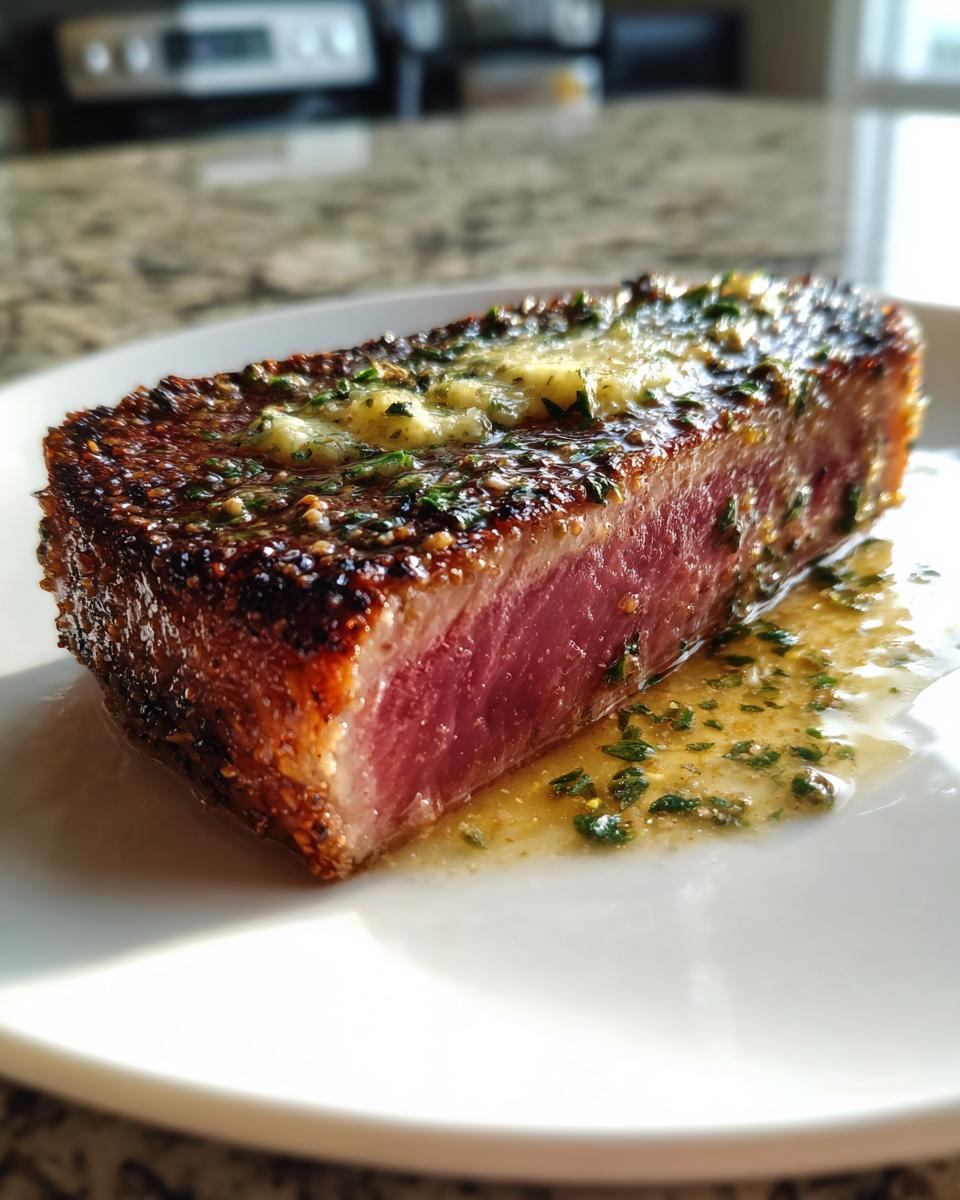 Close-up of a perfectly seared, rare tuna steak topped with melting herb butter, resting on a white plate.