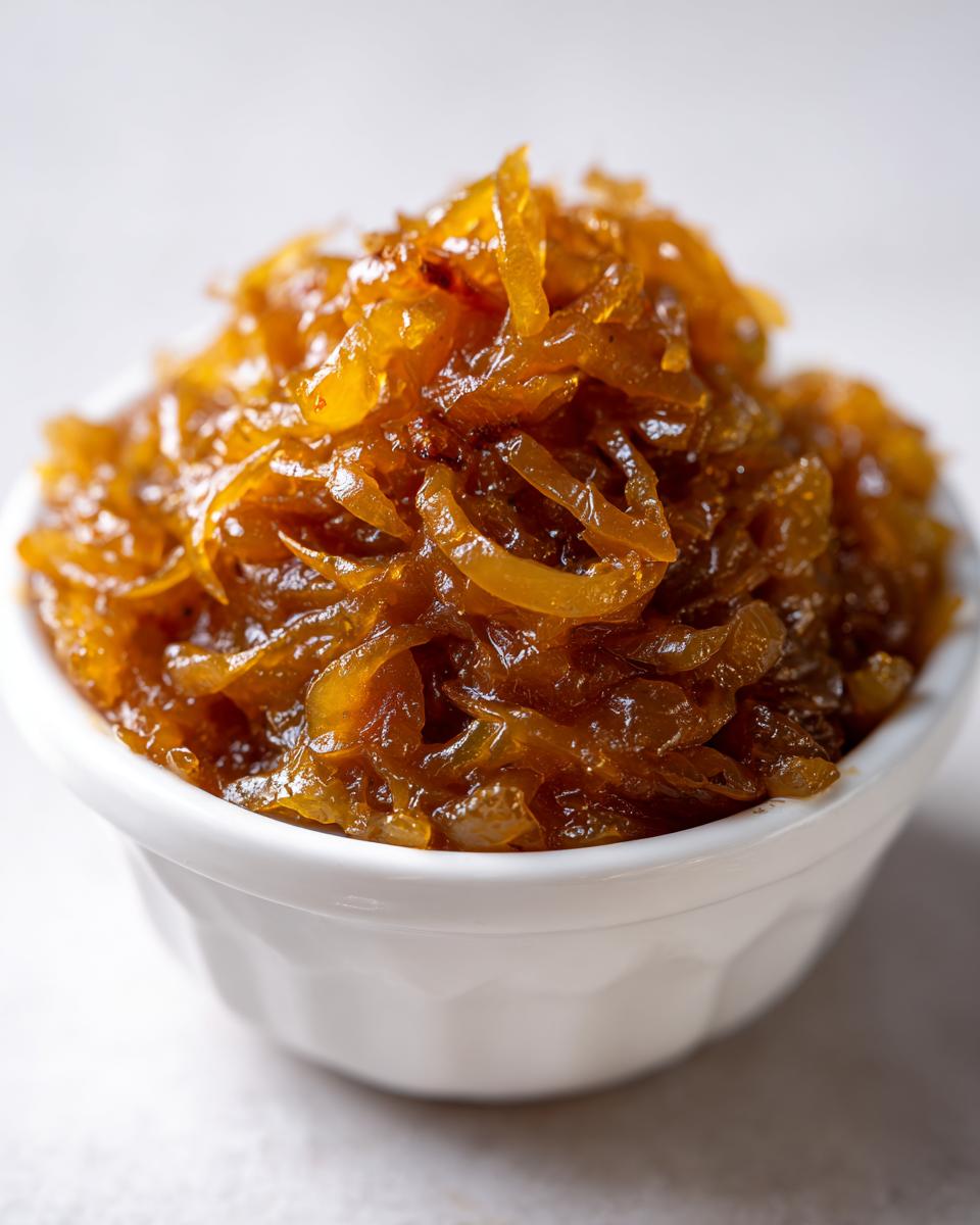 Close-up of deeply browned, glossy caramelized onions piled high in a small white ramekin.