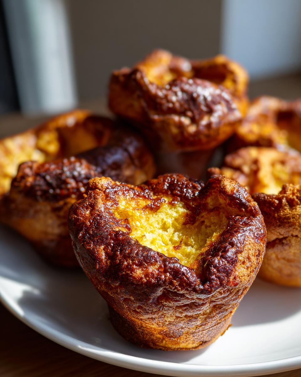 Close-up of a golden brown, deeply risen Yorkshire pudding with a crispy exterior and soft center.