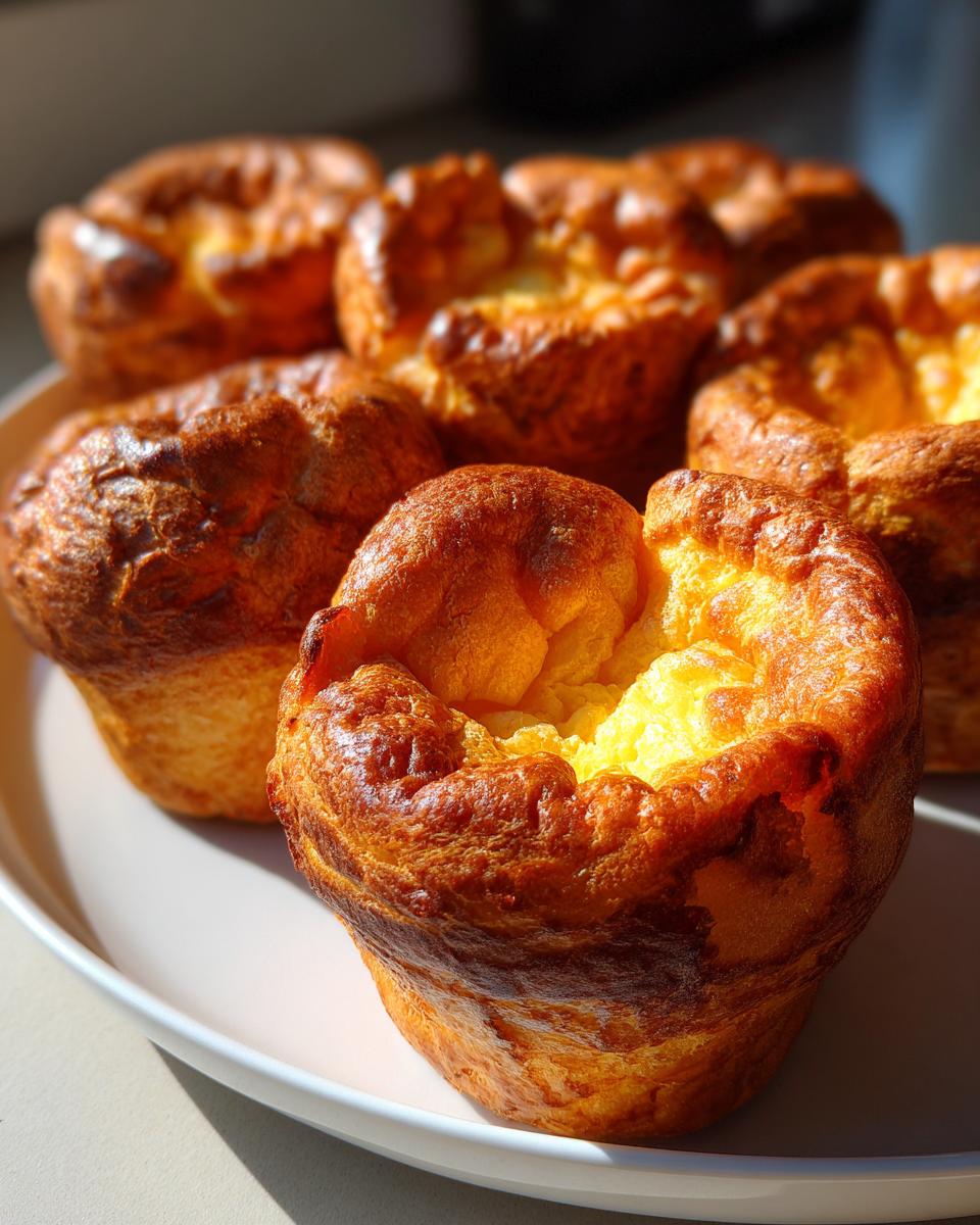 Close-up of several golden brown, perfectly risen yorkshire pudding cups on a white plate, catching the sunlight.