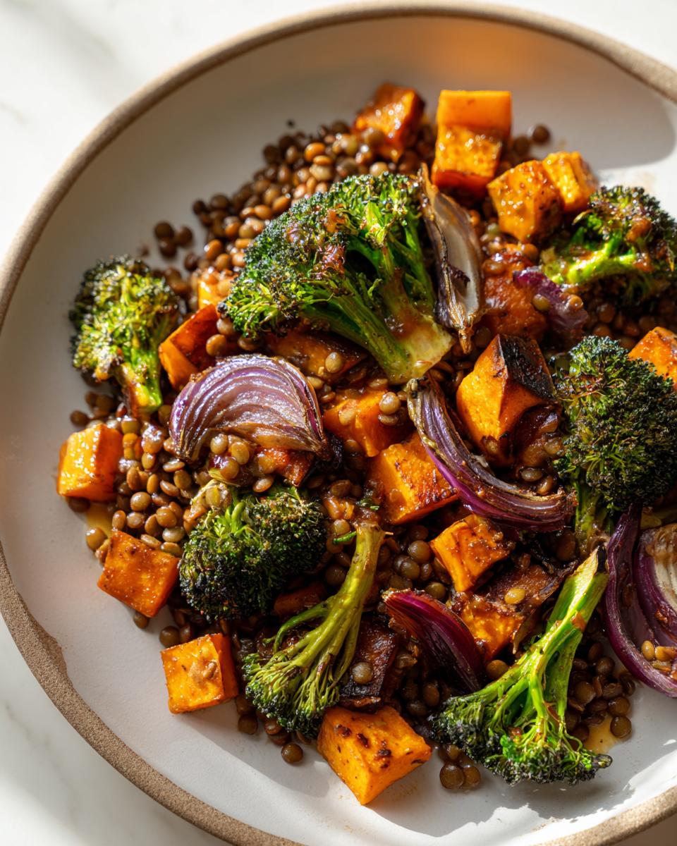 Close-up of a bowl featuring roasted sweet potatoes, broccoli florets, and red onion served over cooked brown lentils in a veggie lentil salad.