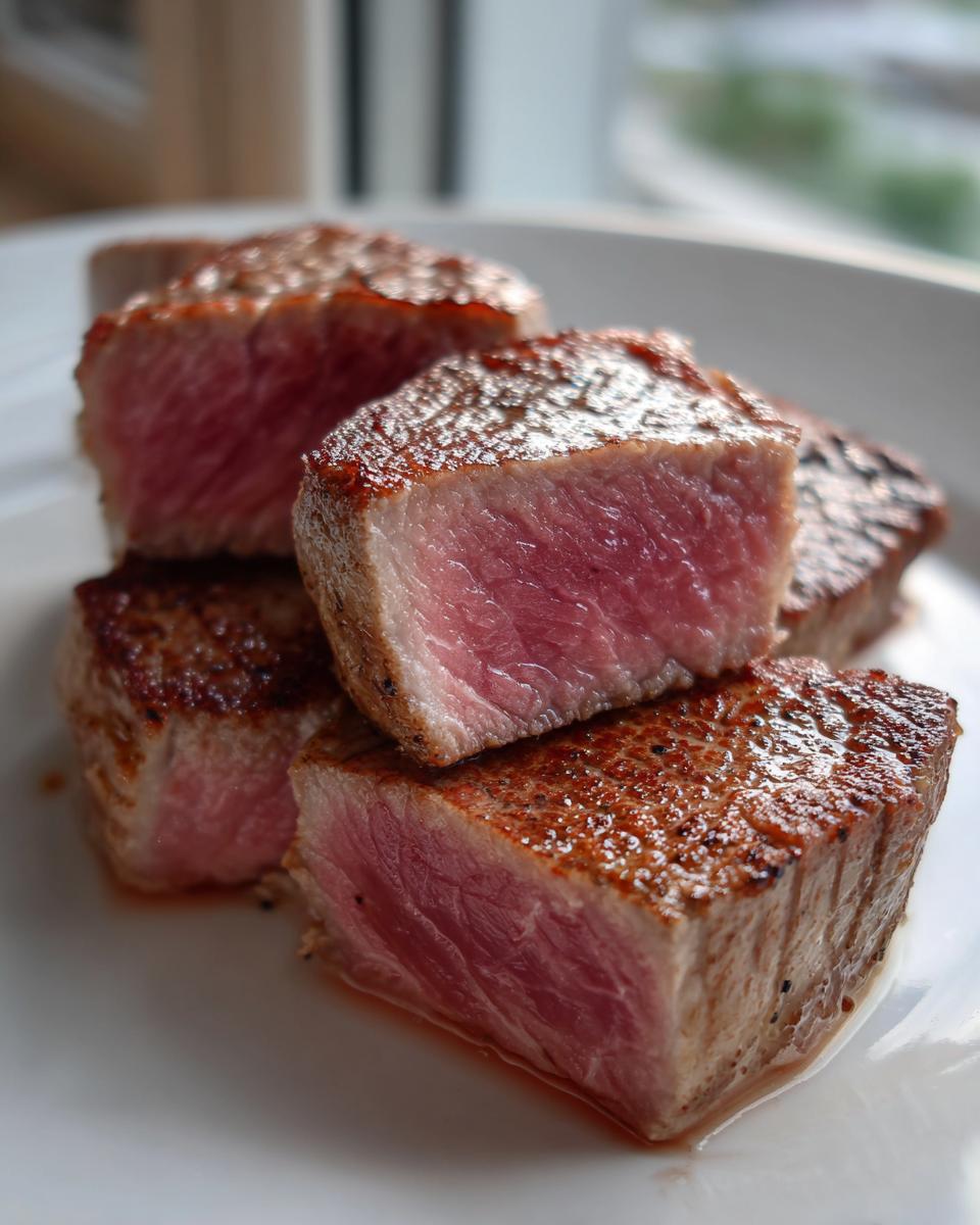 Close-up of perfectly seared tuna steak bites showing a deep pink, rare interior, likely after using a great MARINADE FOR TUNA STEAK.