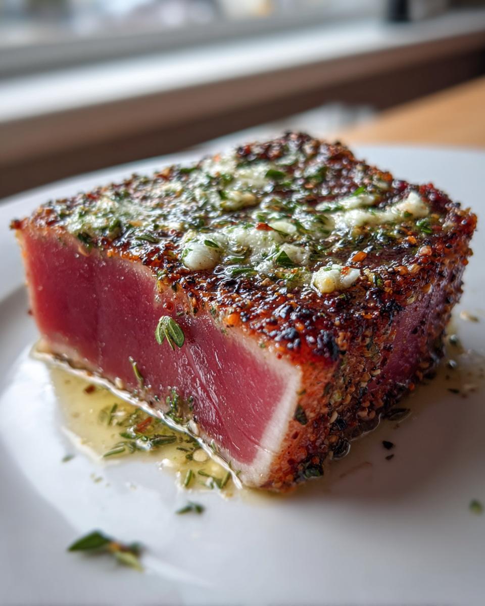 Close-up of a beautifully seared tuna steak, rare in the center, covered in a dark herb crust and resting in pan juices.