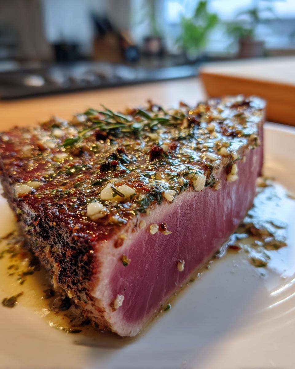 Close-up of a thick, perfectly seared tuna steak with a vibrant pink center and a crust of garlic, herbs, and oil.