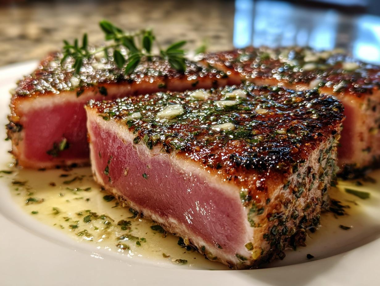Close-up of a perfectly seared tuna steak, sliced to show a rare pink center and coated in a savory herb and garlic crust.