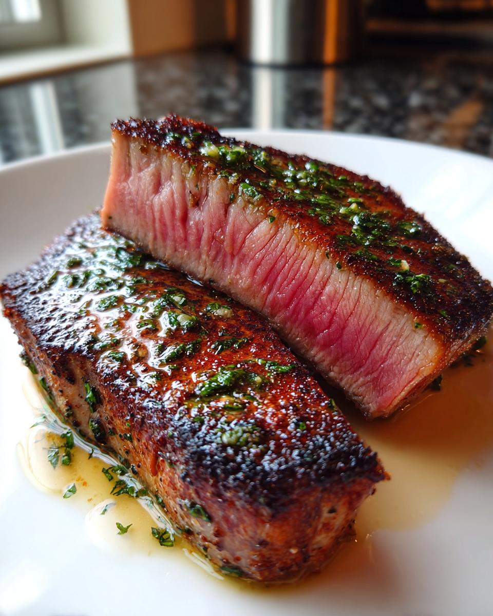 Close-up of two pieces of perfectly seared tuna steak, showing a vibrant pink medium-rare center and herb butter sauce.