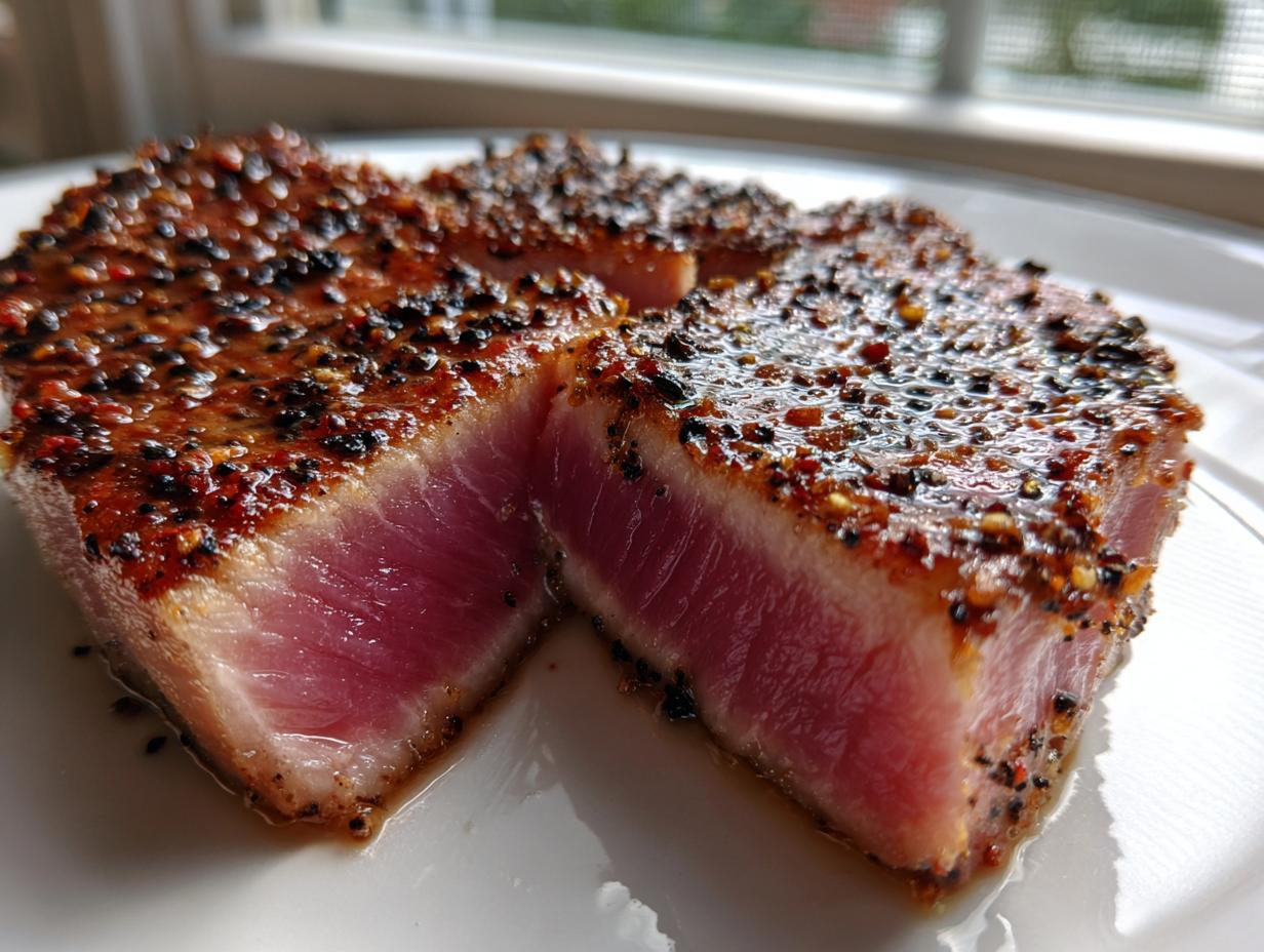 Close-up of perfectly seared tuna steak, rare in the center, coated in a dark pepper crust from a great MARINADE FOR TUNA STEAK.