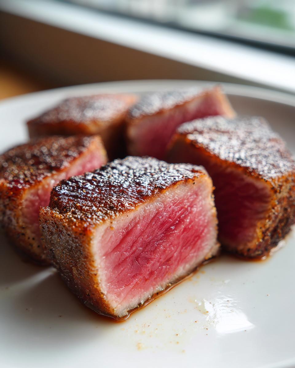 Close-up of perfectly seared tuna steak cut into thick pieces, showing a bright pink, rare interior, likely after using a great MARINADE FOR TUNA STEAK.