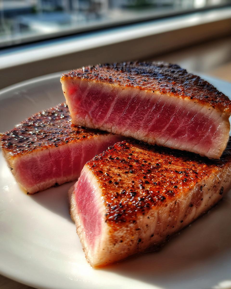 Three perfectly seared tuna steak pieces showing a deep pink, rare center, ideal for a MARINADE FOR TUNA STEAK recipe.