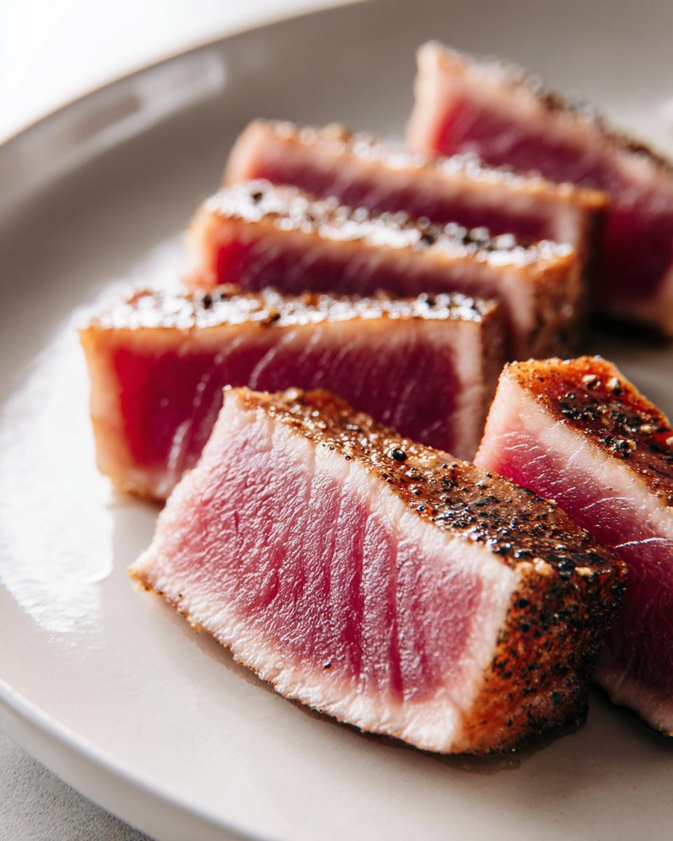 Close-up of seared tuna steak slices showing a rare, pink center, seasoned with pepper, perfect for a MARINADE FOR TUNA STEAK.