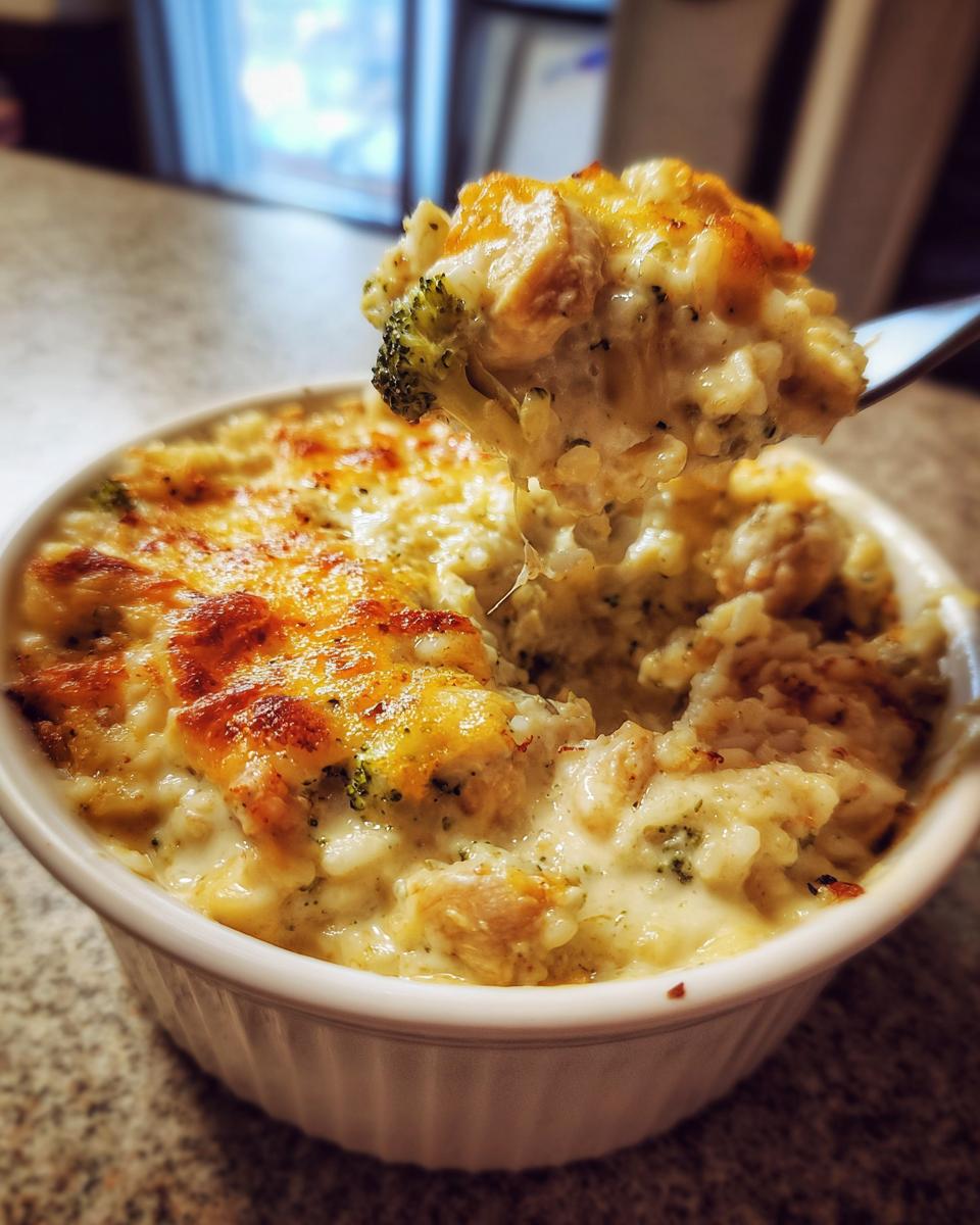 A fork lifts a cheesy bite from a white ramekin filled with creamy chicken broccoli rice casserole.