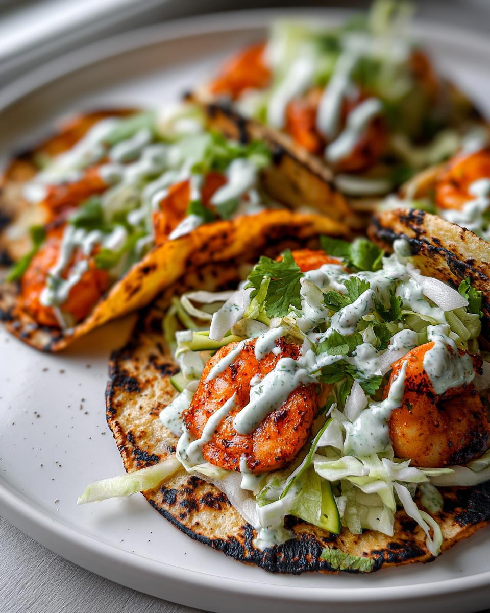 Close-up of a perfectly charred tortilla holding seasoned shrimp, shredded lettuce, and a drizzle of light green sauce, showcasing a delicious shrimp taco.