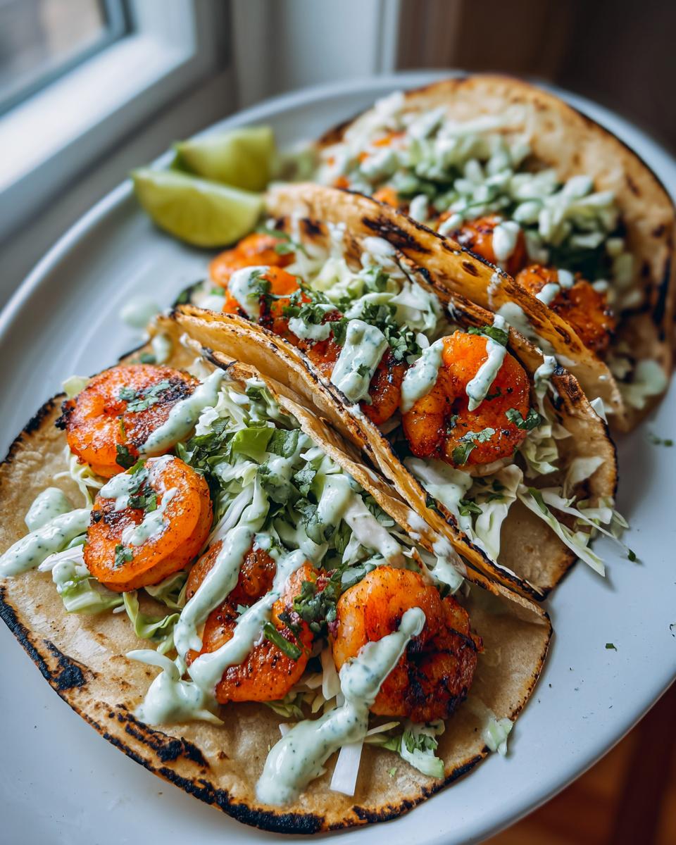 Three delicious shrimp taco shells filled with seasoned shrimp, cabbage slaw, and drizzled with a light green sauce.