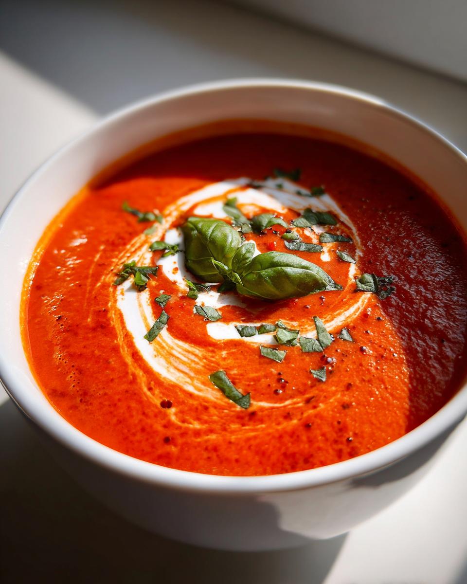 Close-up of a bowl of vibrant red, silky tomato bisque, swirled with cream and topped with fresh basil leaves.