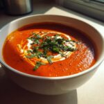 A close-up of a bowl of rich, orange-red tomato bisque, swirled with cream and topped with fresh chopped basil.