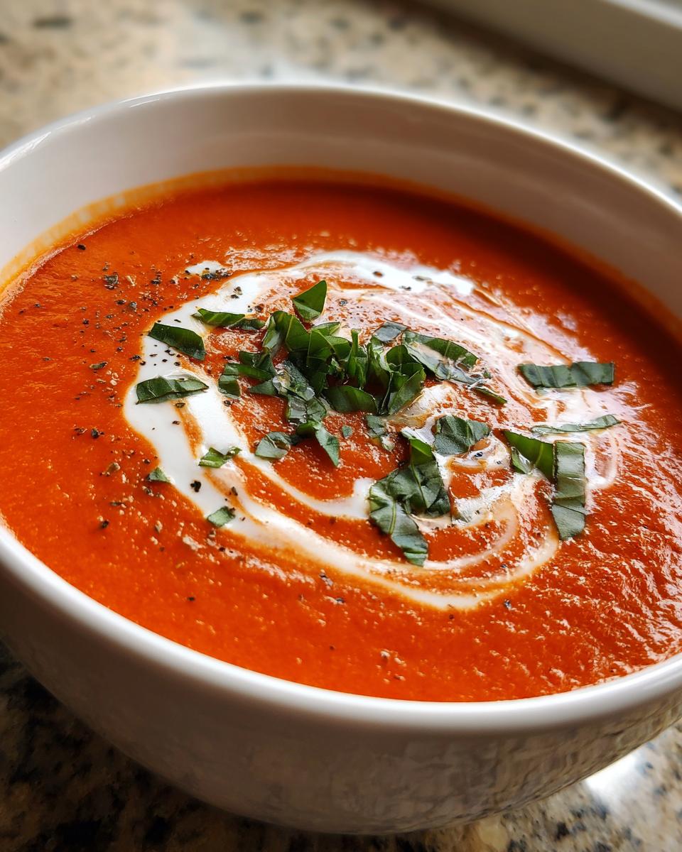Close-up of a bowl of rich, red tomato bisque, swirled with cream and topped with fresh chopped basil.