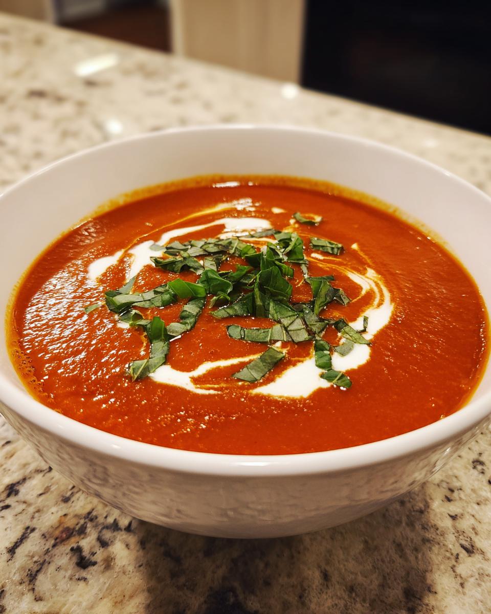 A close-up of a bowl of rich, red tomato bisque, garnished with a swirl of cream and fresh basil.