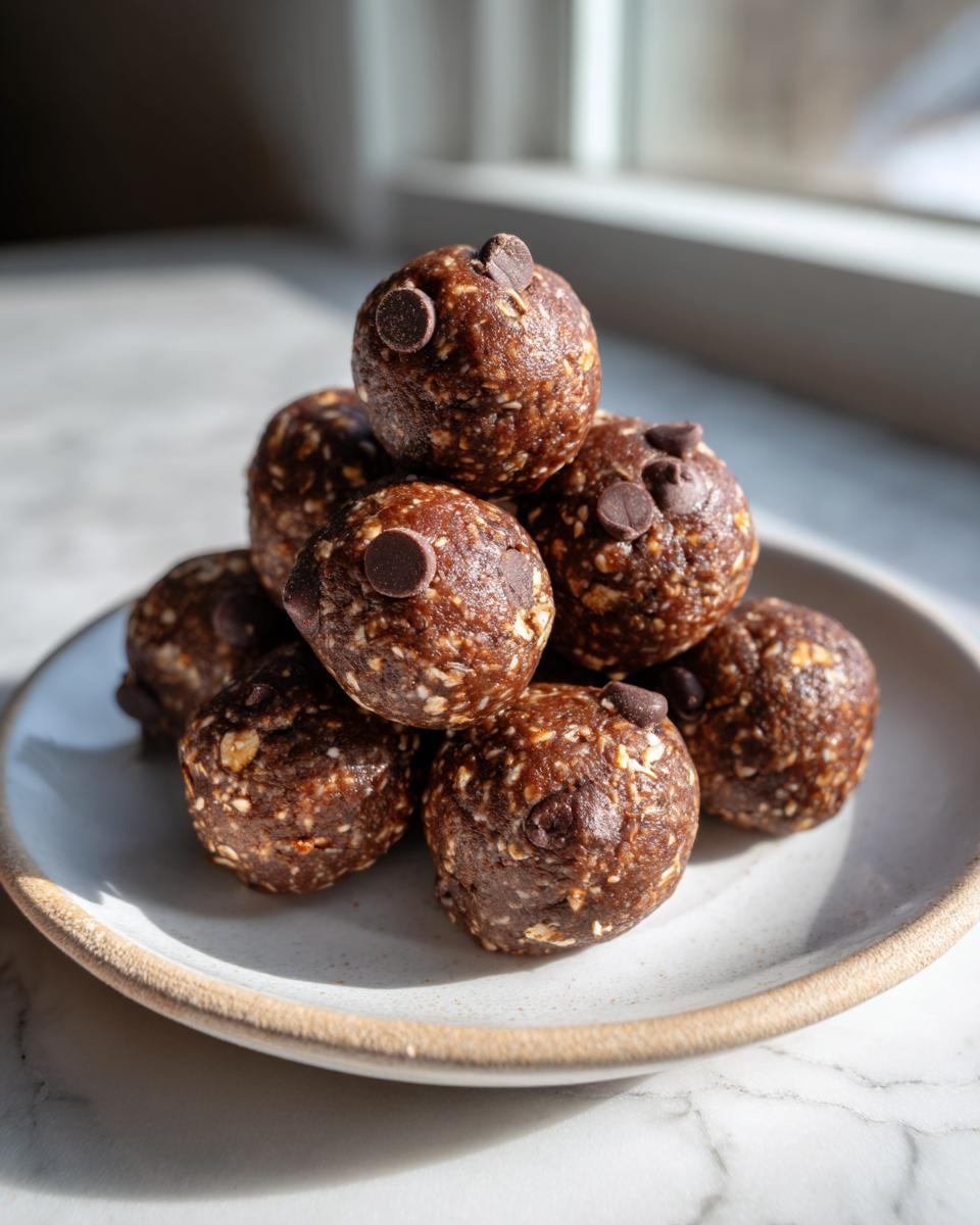 A stack of homemade chocolate chip protein balls resting on a light ceramic plate near a window.