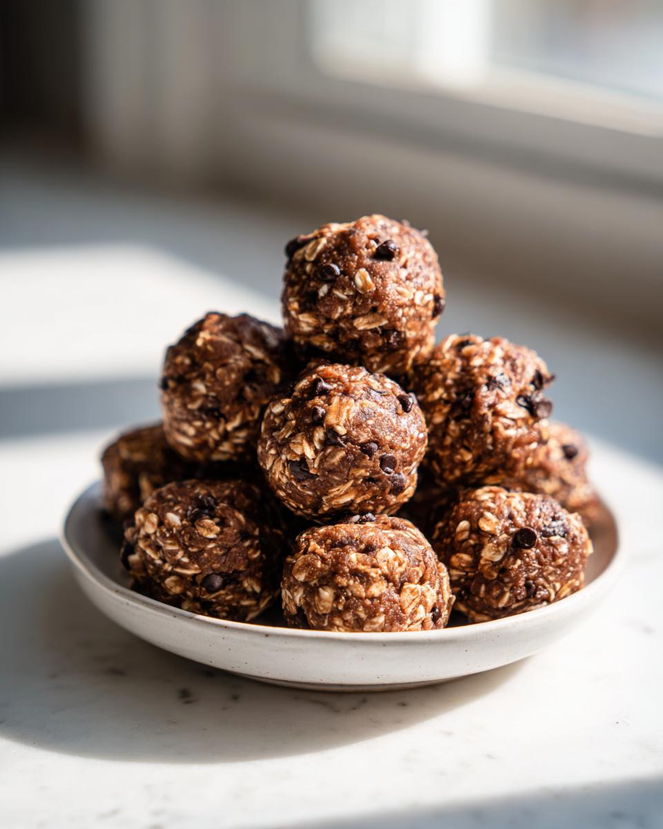 A stack of homemade chocolate chip protein balls made with oats, sitting in a small white bowl near a bright window.