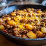 Close-up of Cheesy Taco Potatoes cooked in a cast iron skillet, featuring seasoned ground beef and melted cheddar cheese over golden potatoes.